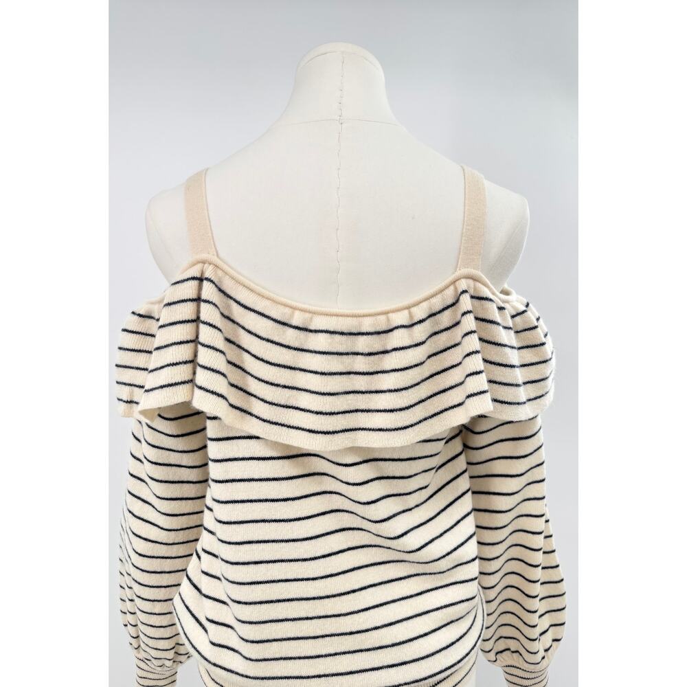 Joie Cream Navy Stripe Wool Cashmere Sweater Cold Shoulder Ruffle Knit S - Picture 3 of 7